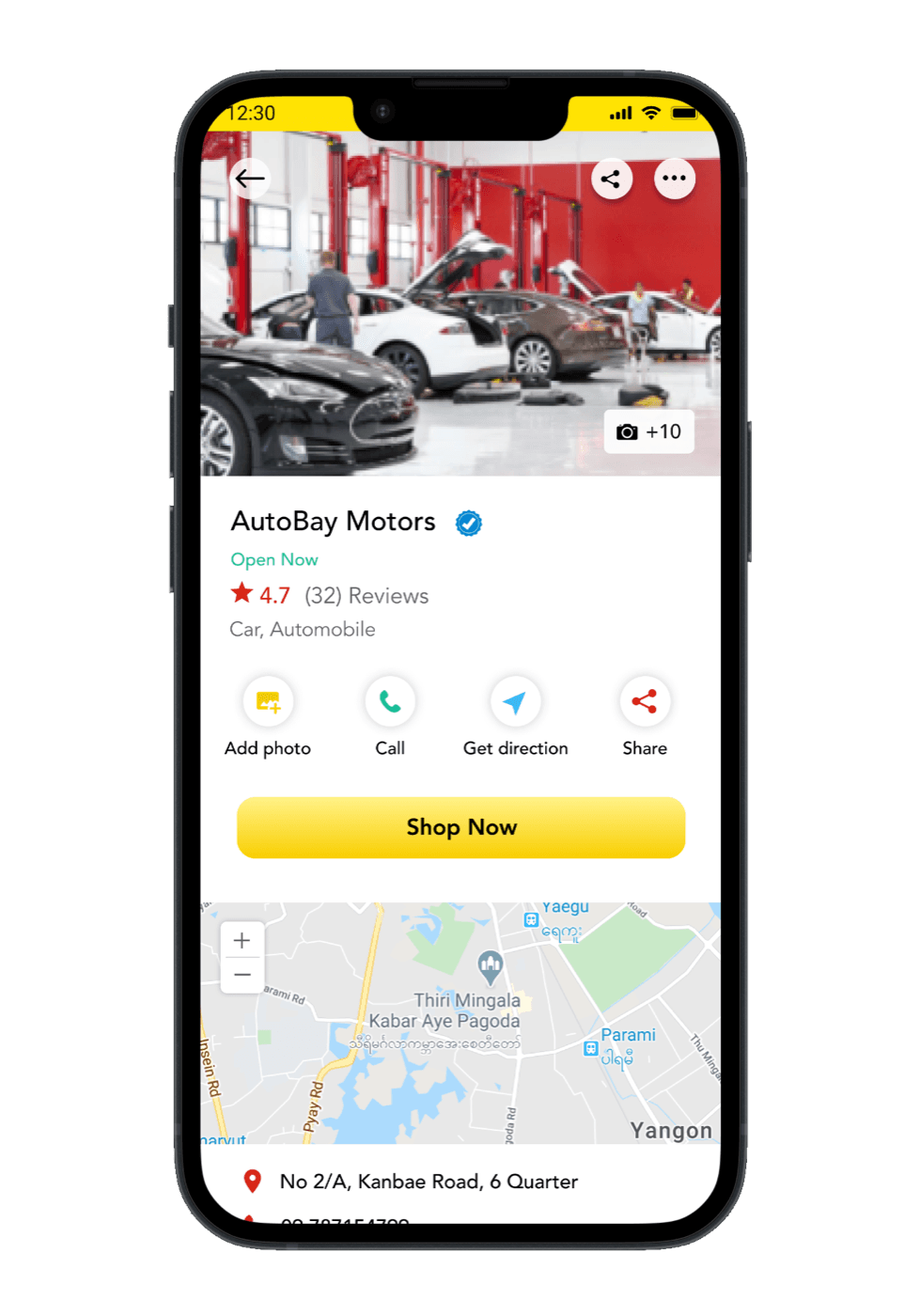 A Chat Chin workshop listing showing ratings, reviews, call and directions actions, and a map.