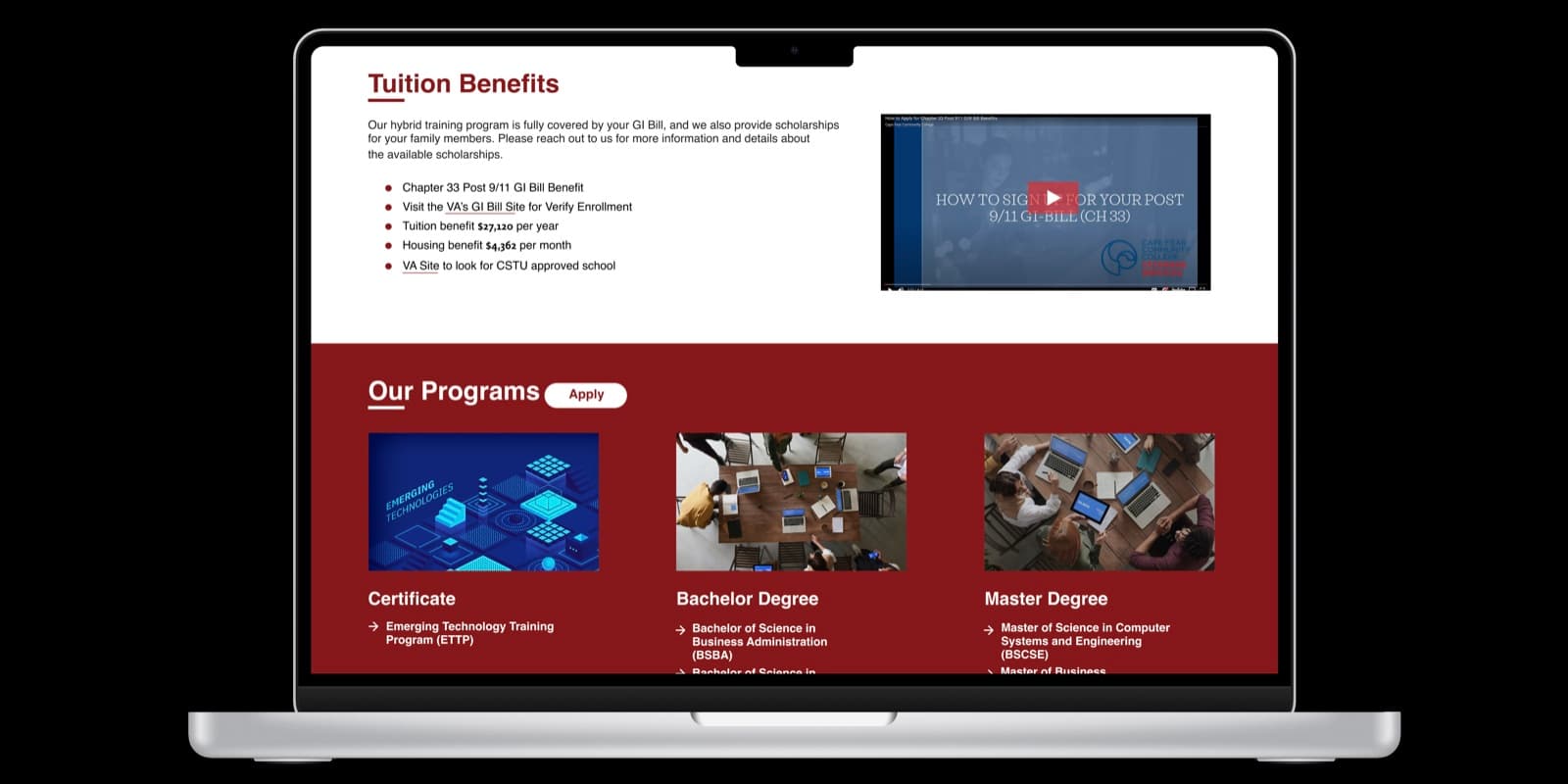 The tuition benefits section listing GI Bill entitlements, above a section listing certificate, bachelor, and master programs.