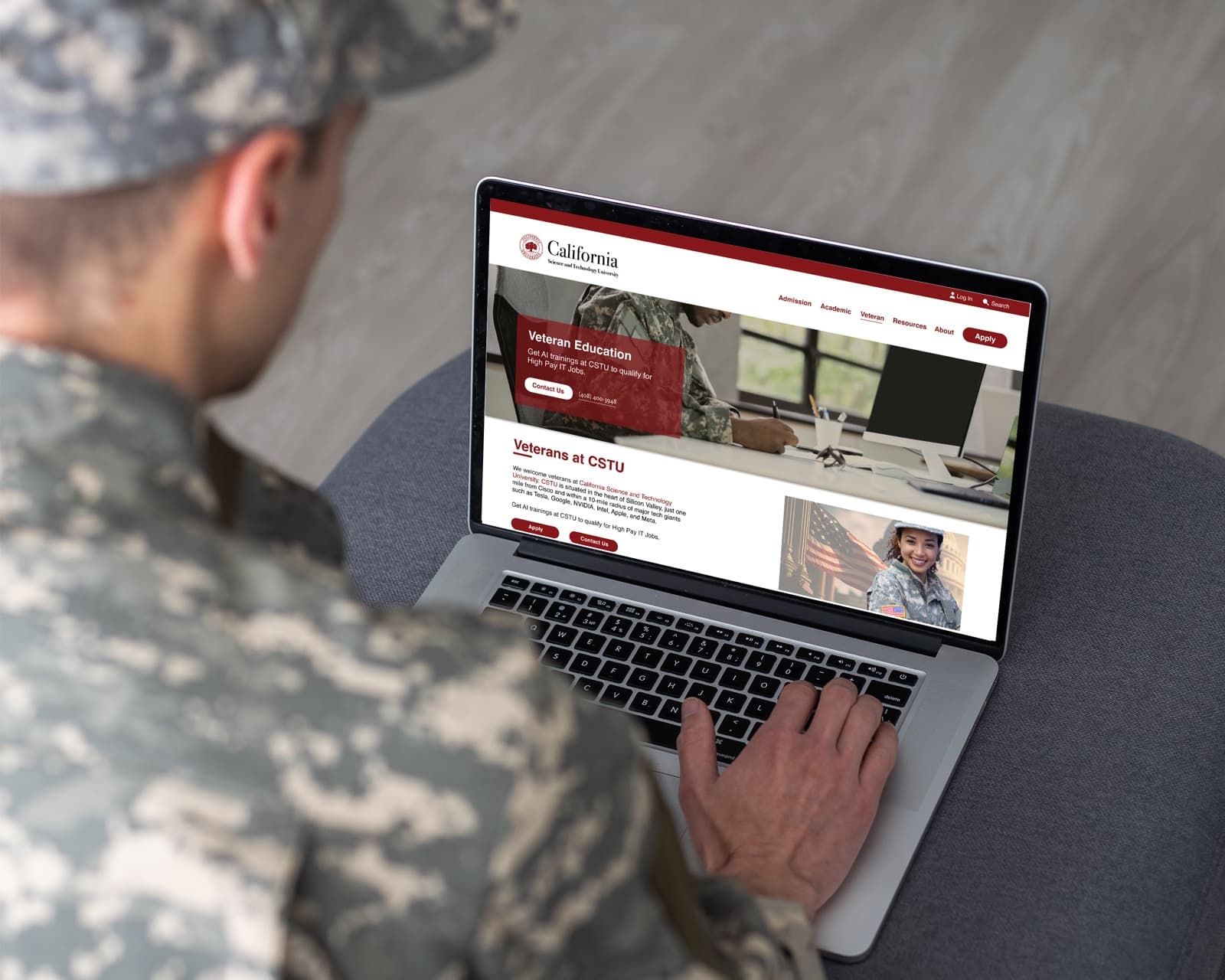 A veteran in uniform reading the CSTU veteran education page on a laptop.