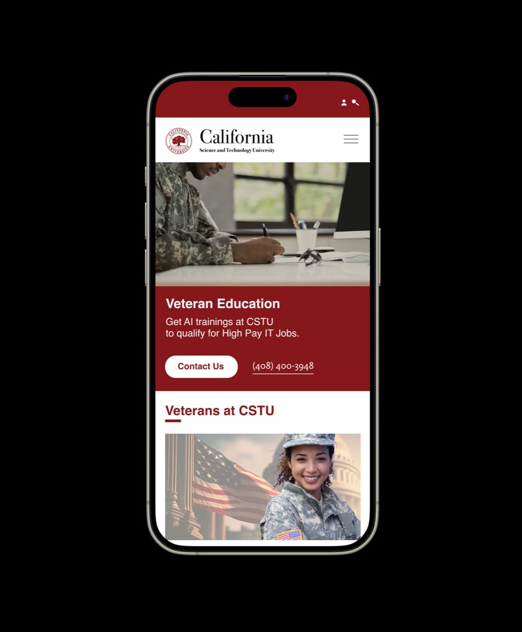 The CSTU veteran page on mobile, showing the hero, headline, and Veterans at CSTU section.