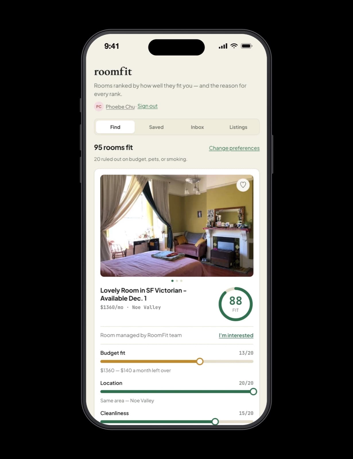 The RoomFit app on an iPhone: 95 rooms fit with 20 ruled out, a Noe Valley room scoring 88, and the start of its per-factor breakdown.