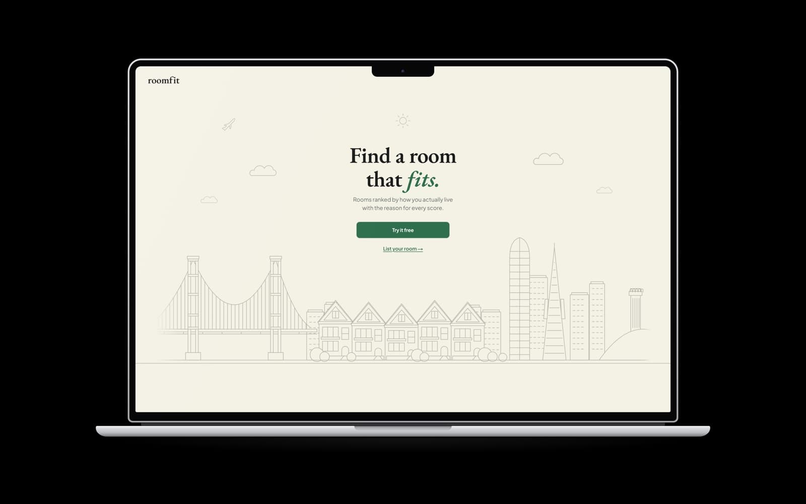 The RoomFit landing page on a MacBook Pro: "Find a room that fits." above a line drawing of the San Francisco skyline.