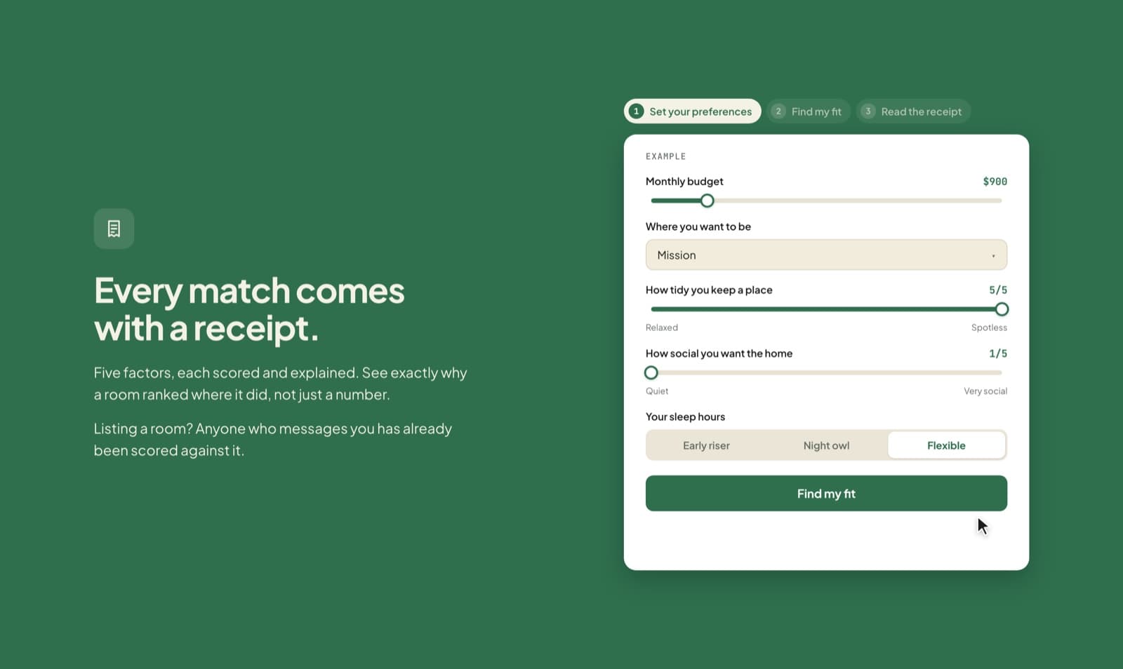 The landing page section "Every match comes with a receipt." beside an example preferences card with budget, area, tidiness, social level, and sleep hours.
